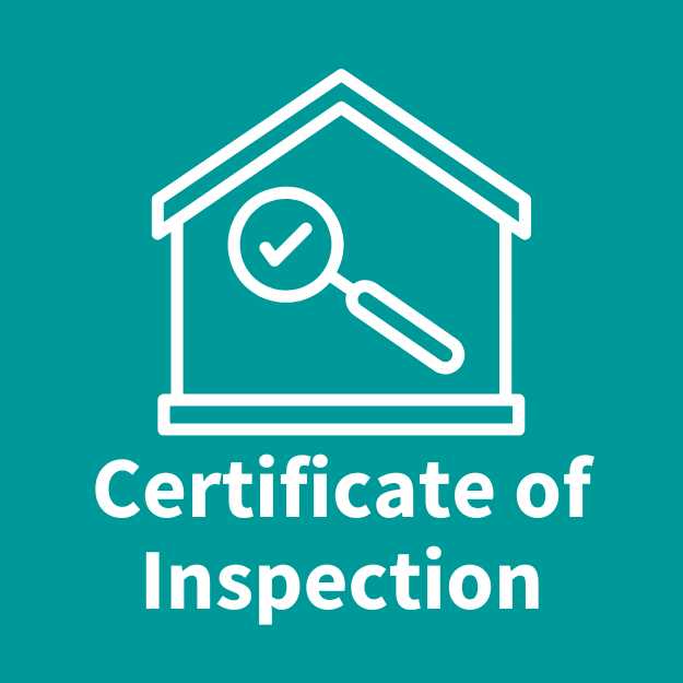 magnifying glass inside of a building with text that reads, certificate of inspection