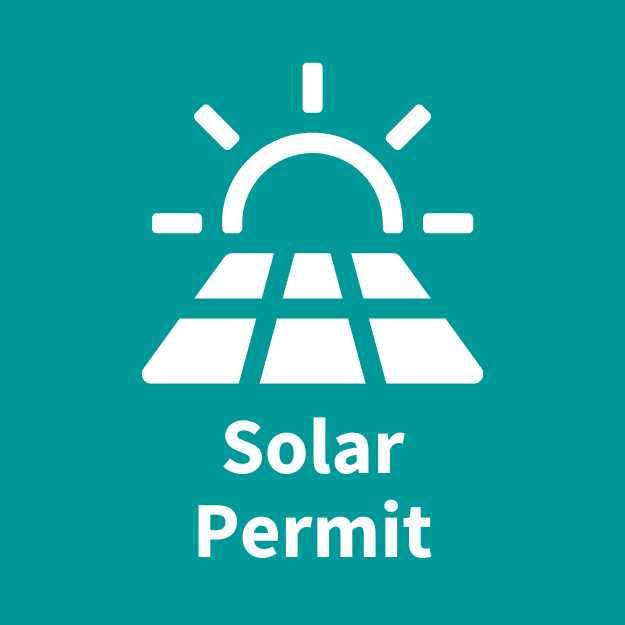 sun with solar panels, text that reads, solar permit