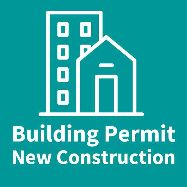 house and building, text that reads, building permit new construction