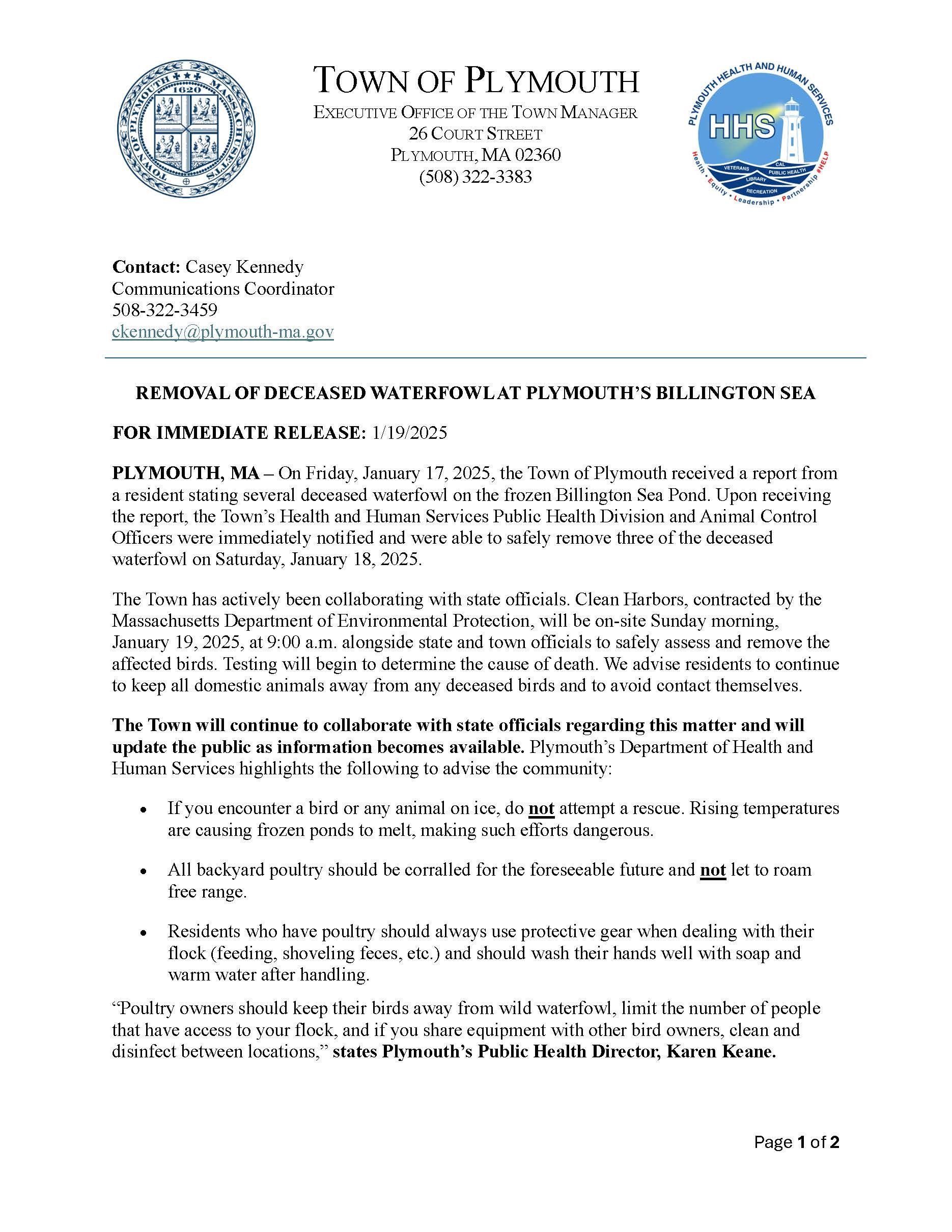 UPDATED - Deceased Waterfowl Discovered at Billington Sea Press Release