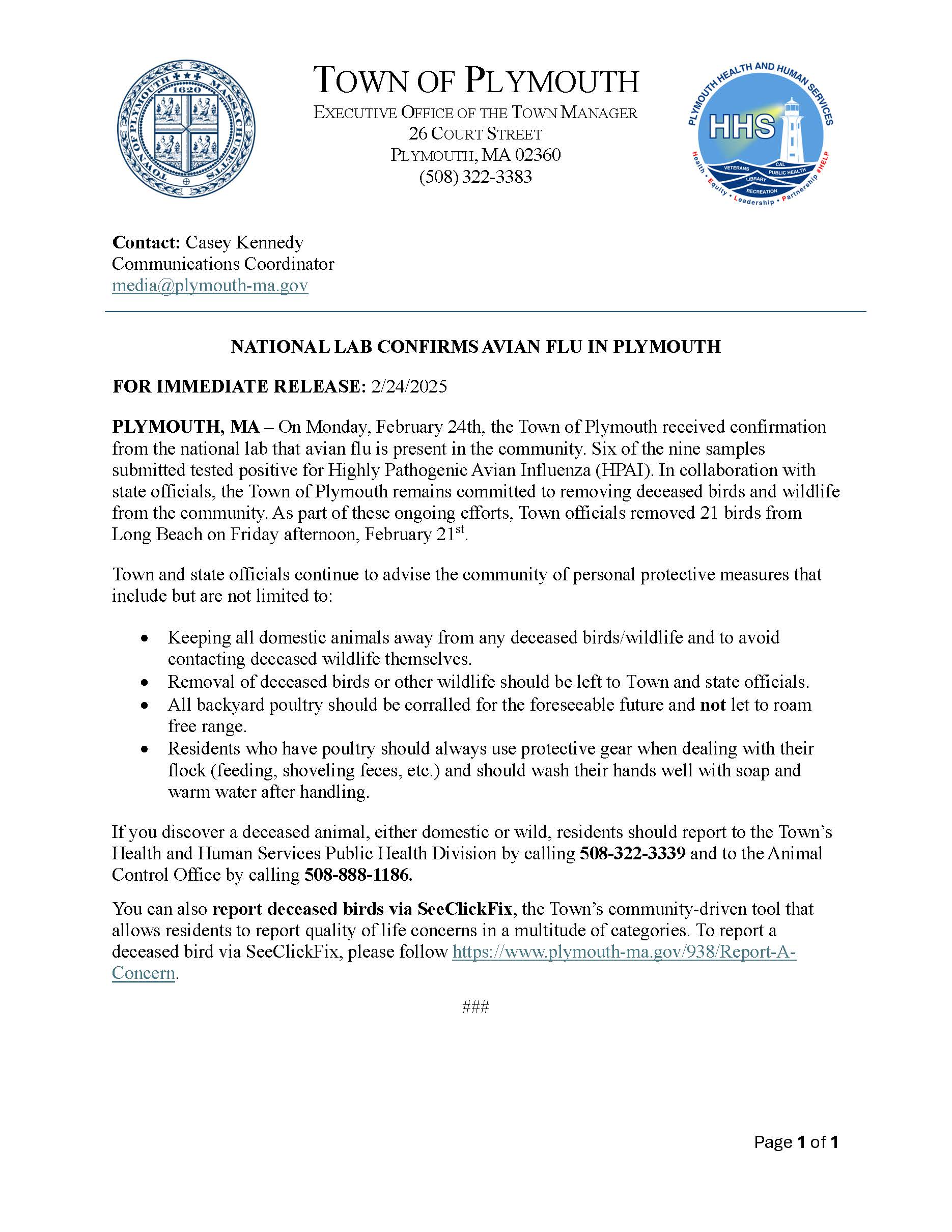 Received Test Results - Positive Avian Flu Monday Feb. 24th